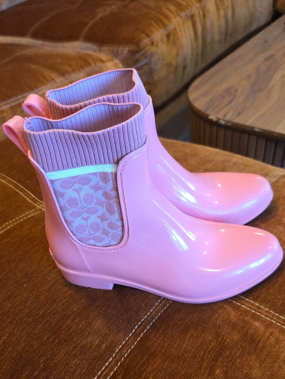 Coach Bubble Gum Pink Glossy Ankle Rain Boots with Knit Collar